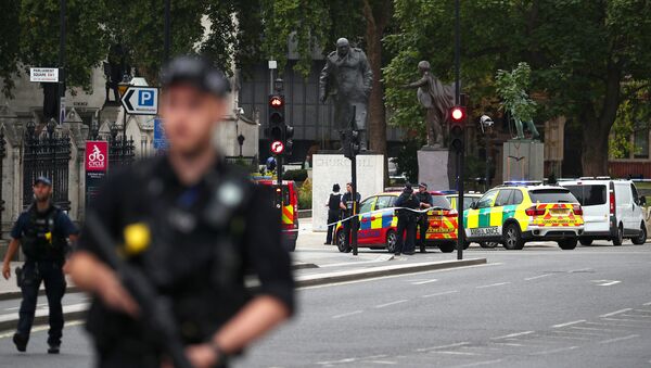 Armed police stand in the street after a car crashed outside the Houses of Parliament in Westminster, London, Britain, August 14, 2018 - Sputnik International