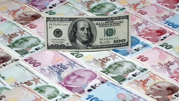 A picture illustration shows a 100 Dollar banknote laying on various denomination Turkish lira banknotes, taken in Istanbul, Turkey January 7, 2014 - Sputnik International