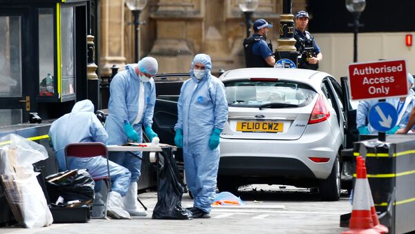 Forensic investigators work at the site after a car crashed outside the Houses of Parliament in Westminster, London, Britain, August 14, 2018 - Sputnik International
