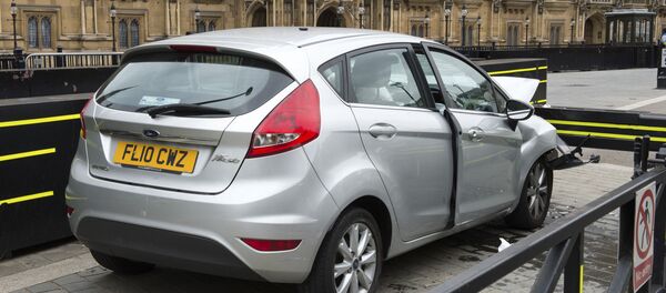 The car that was driven at pedestrians and cyclists in Westminster then crashed into the barrier outside the Houses of Parliament on Tuesday is seen in an image handed out by the Metropolitan Police in London, August 15, 2018 The car that was driven at pedestrians and cyclists in Westminster then crashed into the barrier outside the Houses of Parliament on Tuesday is seen in an image handed out by the Metropolitan Police in London, August 15, 2018 - Sputnik International