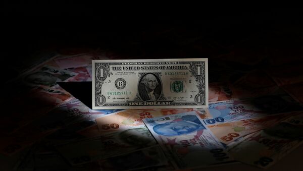 A U.S. dollar banknote is seen on top of Turkish lira banknotes in this picture illustration in Istanbul, Turkey August 14, 2018 - Sputnik International