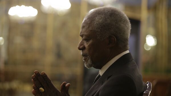 Former U.N. Secretary General Kofi Annan is interviewed by the Associated Press at the Palazzo Reale, in Milan, Italy, Saturday, Nov. 4, 2017. Annan and Mozambican humanitarian and widow of Nelson Mandela Graca Machel are addressing a summit on the global crisis of malnutrition that is an underlying cause of half of child deaths - Sputnik International