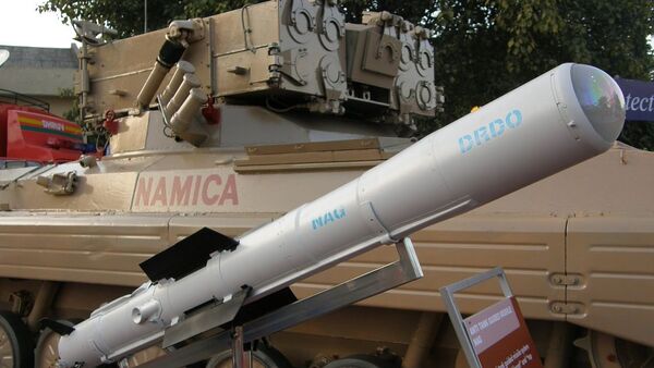 An image of the Nag missile and the Nag missile Carrier Vehicle (NAMICA), taken during DEFEXPO-2008, in Pragati Maidan, New Delhi, on 15th February 2008.  - Sputnik International