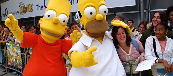 Mascots dressed as Homer Simpson Bart Simpson wave entertain fans 25 July 2007 at the British Premiere of The Simpsons Movie, at the Dome in London - Sputnik International