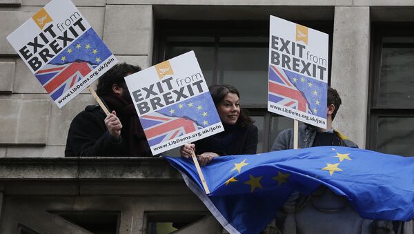 People demonstrate against Brexit on a balcony in London, Wednesday, Feb. 14, 2018, as Britain's Foreign Secretary Boris Johnson delivers a speech focusing on Britain leaving the EU. The Foreign Office says Johnson will use a speech Wednesday to argue for an outward-facing, liberal and global Britain after the U.K. leaves the bloc - Sputnik International