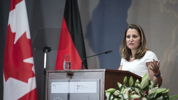 Canadian Foreign Minister Chrystia Freeland speaks at a meeting of German ambassadors in Berlin Monday, Aug. 27, 2018 - Sputnik International
