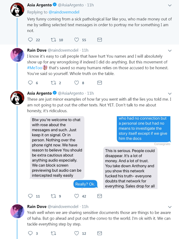 Actress Asia Argento and model Rain Dove get into Twitter argument after Argento's lawyer announced Jimmy Bennett's hush payments would be cut off. - Sputnik International