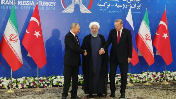 Russian President Vladimir Putin, Iranian President Hassan Rouhani, and Turkish President Recep Tayyip Erdogan during trilateral talks in Tehran. - Sputnik International