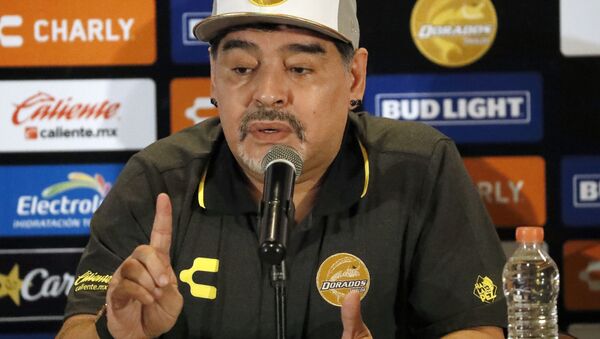 Former soccer great Diego Maradona speaks at a press conference where he was presented as the new manager of the Dorados of Sinaloa, in Culiacan, Mexico, Monday, Sept. 10, 2018. Maradona, whose public battles with cocaine made him soccer's poster child for the perils of substance abuse, is setting up camp in Mexico's drug cartel heartland as the new coach of a second-tier team - Sputnik International