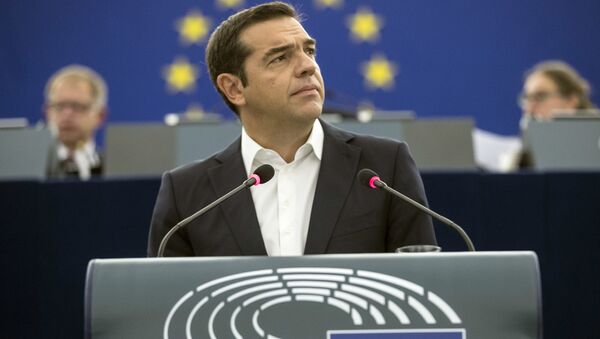 Greek Prime minister Alexis Tsipras debates the future of Europe with parliament members and commissioners at the European Parliament in Strasbourg, eastern France, Tuesday Sept.11, 2018. - Sputnik International