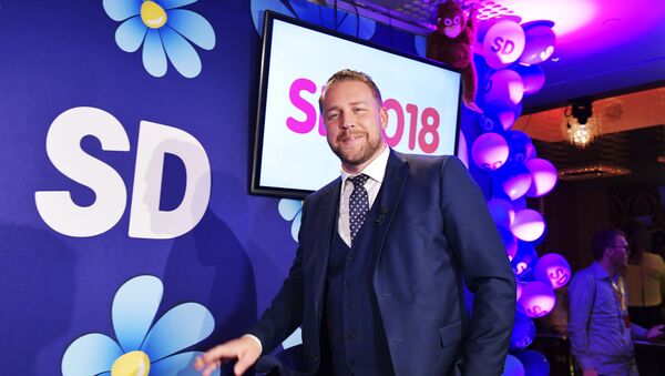 Swedish Democrats group leader Mattias Karlsson is pictured during the election evening in Stockholm on September 9, 2018 - Sputnik International