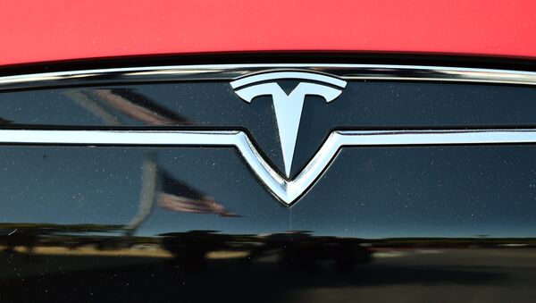 An American flag is reflected in the grill of a Tesla Model S - Sputnik International