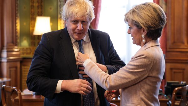 British Foreign Secretary Boris Johnson (L) has his tie straightened by Australian Foreign Minister Julie Bishop (R) at the Foreign and Commonwealth Office in central London on February 23, 2017. - Sputnik International