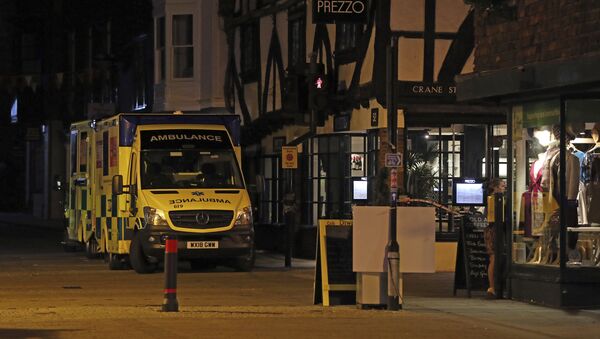 Ambulances are parked outside the Prezzo restaurant in Salisbury, Britain, where police closed roads as a precautionary measure after two people were taken ill from the restaurant, Sunday Sept. 16, 2018. - Sputnik International