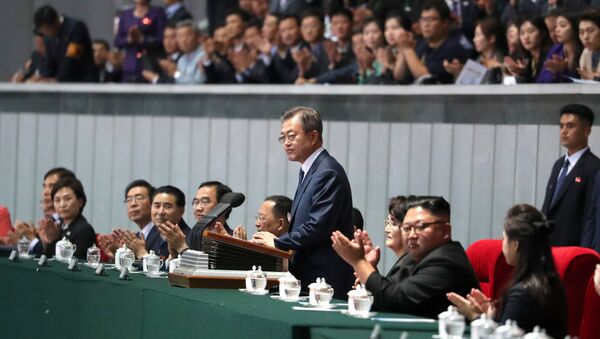 South Korean President Moon Jae-in delivers his speech after watching the performance titled The Glorious Country at the May Day Stadium in Pyongyang, North Korea, September 19, 2018. - Sputnik International