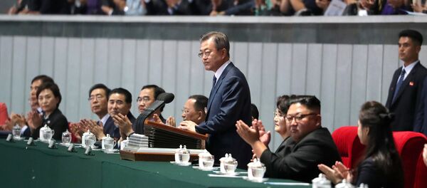 South Korean President Moon Jae-in delivers his speech after watching the performance titled The Glorious Country at the May Day Stadium in Pyongyang, North Korea, September 19, 2018. - Sputnik International