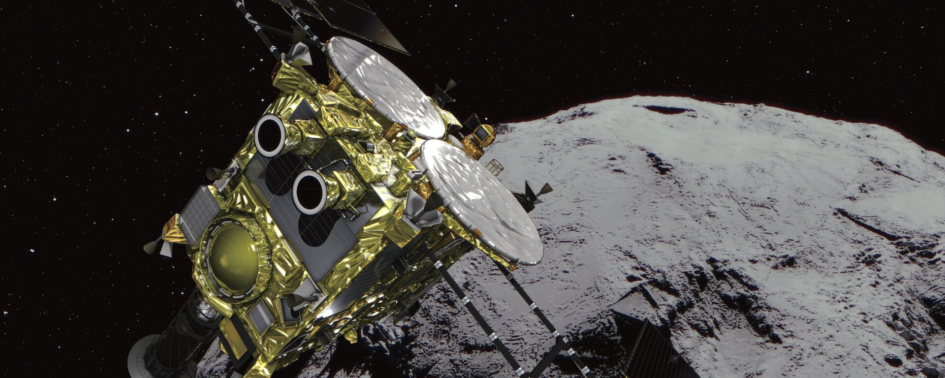 This computer graphics image provided by the Japan Aerospace Exploration Agency (JAXA) shows an asteroid and asteroid explorer Hayabusa2.  - Sputnik International, 1920, 12.11.2023
