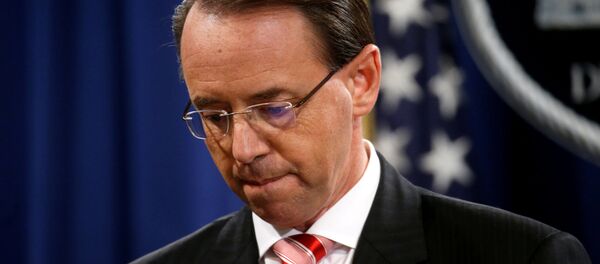 Deputy U.S. Attorney General Rod Rosenstein pauses while announcing grand jury indictments of 12 Russian intelligence officers in special counsel Robert Mueller's Russia investigation, during a news conference at the Justice Department in Washington, U.S., July 13, 2018 Deputy U.S. Attorney General Rod Rosenstein pauses while announcing grand jury indictments of 12 Russian intelligence officers in special counsel Robert Mueller's Russia investigation, during a news conference at the Justice Department in Washington, U.S., July 13, 2018 - Sputnik International