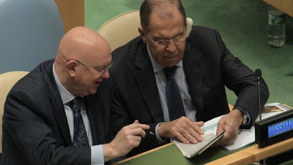 Russian Foreign Minister Sergei Lavrov (right) and Russia's Permanent Representative to the United Nations (UN) Vasily Nebenzia at the United Nations General Assembly in New York. - Sputnik International