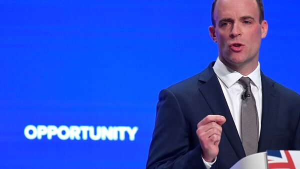 Britain's Secretary of State for Exiting the European Union Dominic Raab delivers his keynote address to the Conservative Party Conference in Birmingham, Britain, October 1, 2018. - Sputnik International