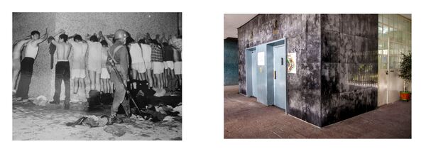 Repressions against civilians, Tlatelolco, October 2, 1968. Photo: Manuel Gutiérrez Paredes, the UNAM Archive (ISSUE-AHUNAM, num.3076) / Hall of the Chihuahua building, 2018. Photo: Eliana Gilet - Sputnik International