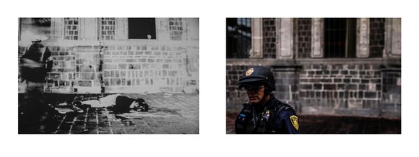 The body of a student in Tlatelolco, October 2, 1968. Part of the Heraldo Gutiérrez Vivó-Balderas Archive of the Universidad Iberoamericana (AFHGV, núm 1905) / Police in front of the Parroquia de S - Sputnik International