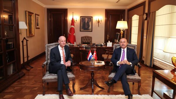 Turkish Foreign Minister Mevlut Cavusoglu and his Dutch counterpart Stephanus Blok pose at the begining of a meeting in Ankara, Turkey, October 3, 2018 - Sputnik International