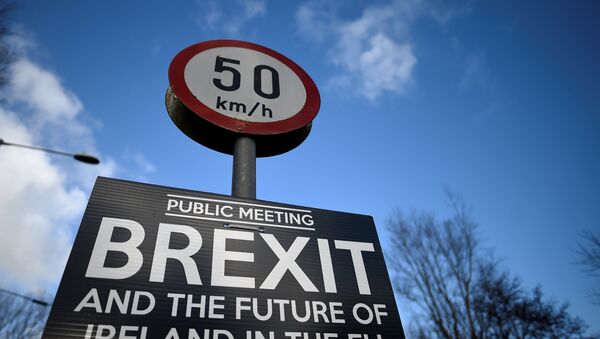 A Brexit sign is seen between Donegal in the Republic of Ireland and Londonderry in Northern Ireland at the border village of Muff, Ireland, February 1, 2018. Picture taken February 1, 2018. - Sputnik International