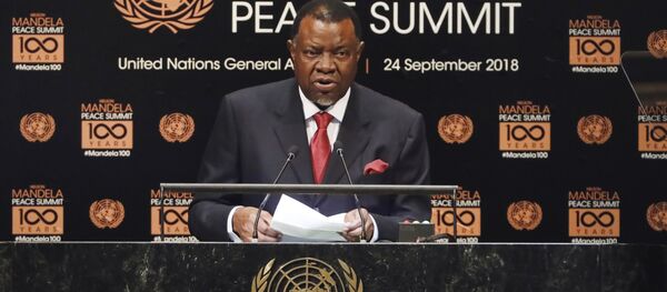 Namibia's President Hage Geingob addresses the Nelson Mandela Peace Summit in the United Nations General Assembly, at U.N. headquarters, Monday, Sept. 24, 2018. Namibia's President Hage Geingob addresses the Nelson Mandela Peace Summit in the United Nations General Assembly, at U.N. headquarters, Monday, Sept. 24, 2018. - Sputnik International