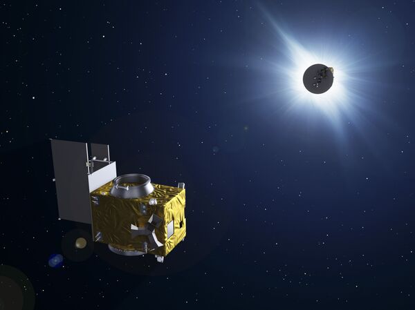 The two satellites of Proba-3 will fly in formation to form an external coronagraph in space, one satellite eclipsing the Sun to allow the second to study the otherwise invisible solar corona. The two satellites of Proba-3 will fly in formation to form an external coronagraph in space, one satellite eclipsing the Sun to allow the second to study the otherwise invisible solar corona. - Sputnik International