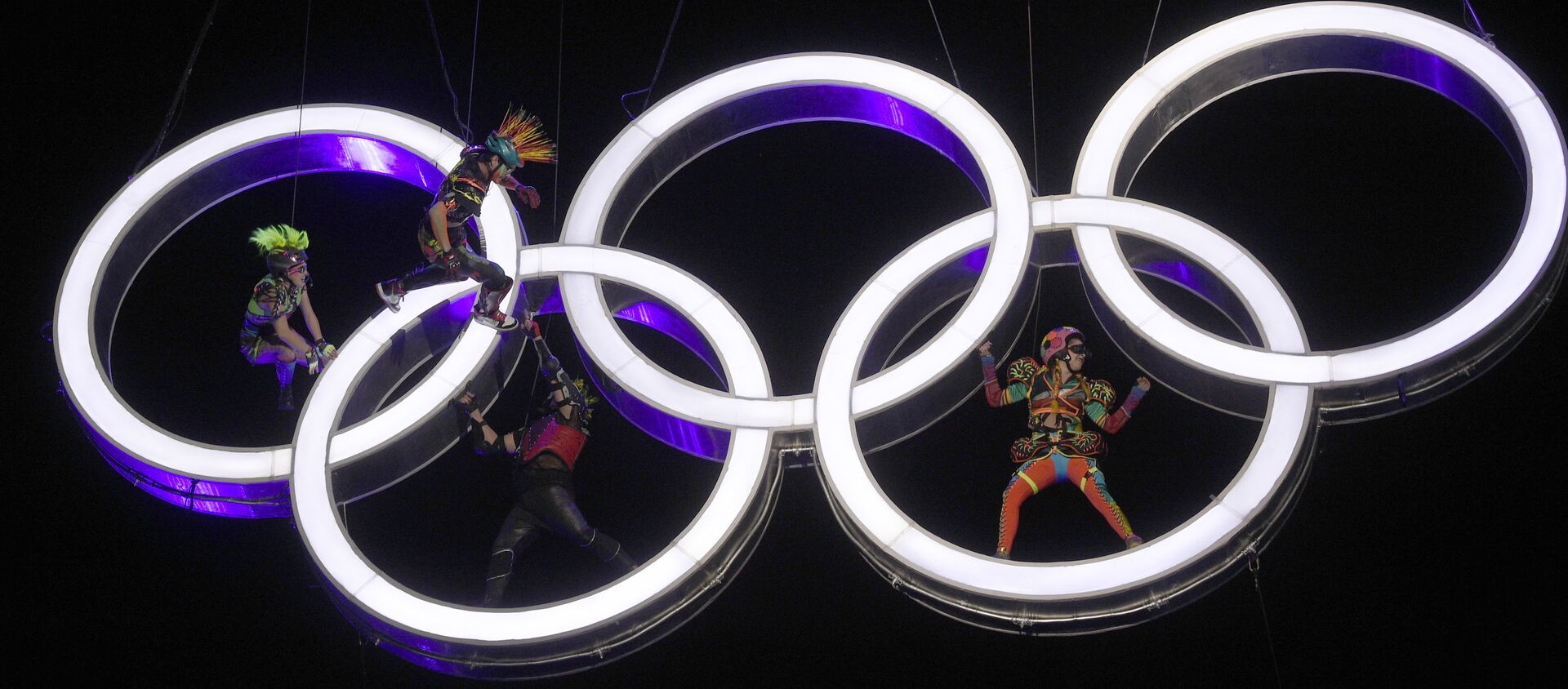 Actors perform high up in the air, inside the Olympic rings during the Opening Ceremony of The Youth Olympic Games, in Buenos Aires, Argentina, Saturday, Oct. 6, 2018. - Sputnik International, 1920, 25.02.2021