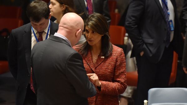 US ambassador to the United Nations, Nikki Haley talks with the Russian Ambassador to the United Nations Vassily Nebenzia - Sputnik International