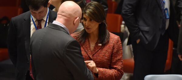 US ambassador to the United Nations, Nikki Haley talks with the Russian Ambassador to the United Nations Vassily Nebenzia US ambassador to the United Nations, Nikki Haley talks with the Russian Ambassador to the United Nations Vassily Nebenzia - Sputnik International