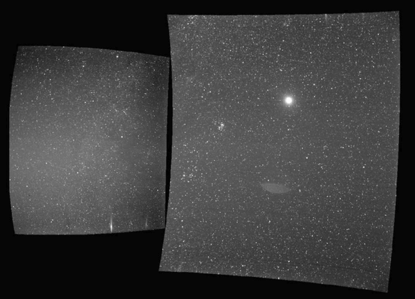 The view from Parker Solar Probe's WISPR instrument on Sept. 25, 2018, shows Earth, the bright sphere near the middle of the right-hand panel. The elongated mark toward the bottom of the panel is a lens reflection from the WISPR instrument. - Sputnik International