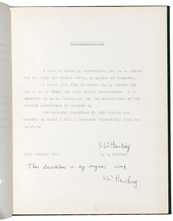 This dissertation is my original work' Stephen Hawking. 15 October 1965 Estimate: GBP 100,000 - GBP 150,000 - Sputnik International