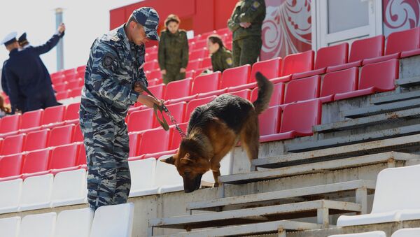 A canine expert and a service dog examine the stadium at the canine teams competition in memory of police captain Fedor Khikhlushka at Virazh motor racing venue in Belgorod Region. Winners of the competition will be part of public order police during the 2018 FIFA World Cup - Sputnik International