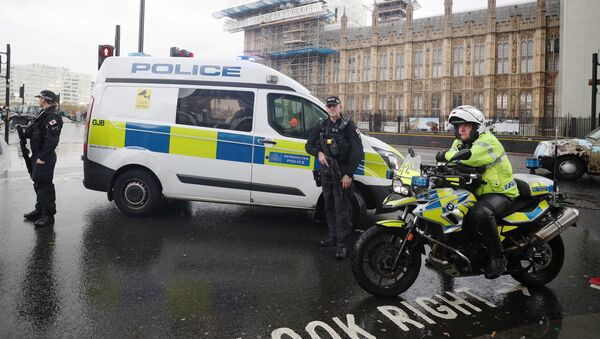 Armed and motorcycle police officers stand next to the Houses of Parliament after an area of the Victoria Embankment was cordoned off, in London, Britain, October 17, 2018. - Sputnik International