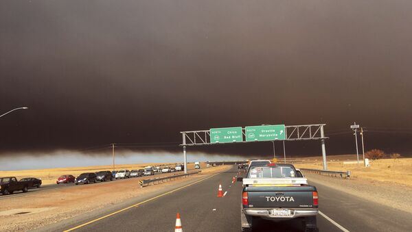 Smoke from the Camp Fire, burning in the Feather River Canyon near Paradise, Calif., darkens the sky as seen from Highway 99 near Marysville, Calif., Thursday, Nov. 8, 2018. - Sputnik International