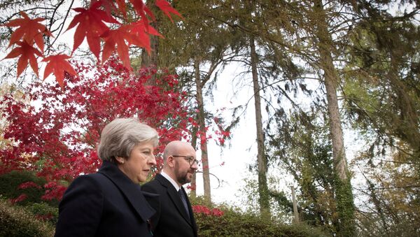 British Prime Minister Theresa May and Belgian counterpart Charles Michel attend a ceremony at the Saint Symphorien Military Cemetery marking the 100th anniversary of the end of the First World War, in Mons, Belgium November 9, 2018 - Sputnik International