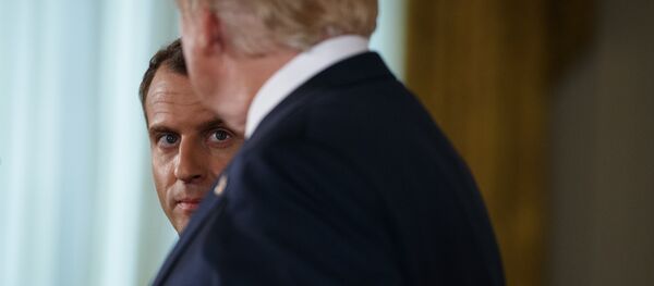 French President Emmanuel Macron listens as President Donald Trump speaks during a news conference in the East Room of the White House, Tuesday, April 24, 2018, in Washington. (AP Photo/Evan Vucci) French President Emmanuel Macron listens as President Donald Trump speaks during a news conference in the East Room of the White House, Tuesday, April 24, 2018, in Washington. (AP Photo/Evan Vucci) - Sputnik International