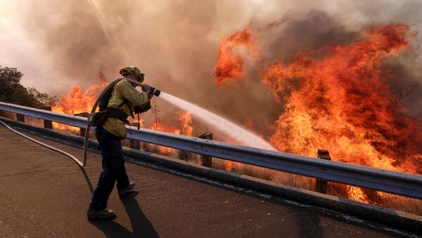 A firefighter battles a fire along the Ronald Reagan Freeway, aka state Highway 118, in Simi Valley, Calif., Monday, Nov. 12, 2018 - Sputnik International
