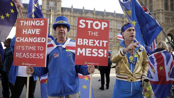 Anti-Brexit demonstrators protest outside Parliament as British PM Theresa May was attending Prime Minister's questions in London, Wednesday, Nov. 14, 2018 - Sputnik International