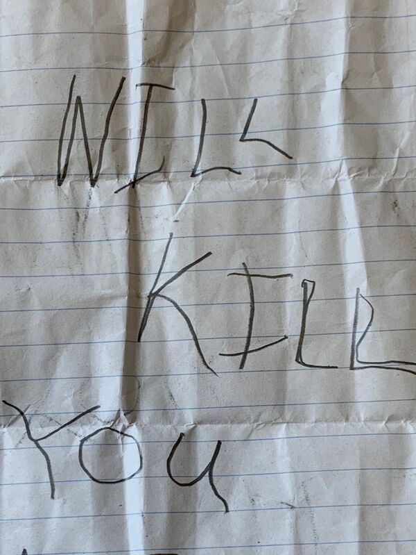 This is one of two threatening notes stuck in the classroom cubby of a 10 year old Muslim girl at a Framingham elementary school This is one of two threatening notes stuck in the classroom cubby of a 10 year old Muslim girl at a Framingham elementary school - Sputnik International