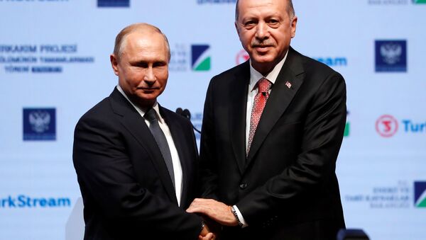 Turkish President Tayyip Erdogan and his Russian counterpart Vladimir Putin shake hands as they attend a ceremony to mark the completion of the sea part of the TurkStream gas pipeline, in Istanbul, Turkey November 19, 2018 - Sputnik International