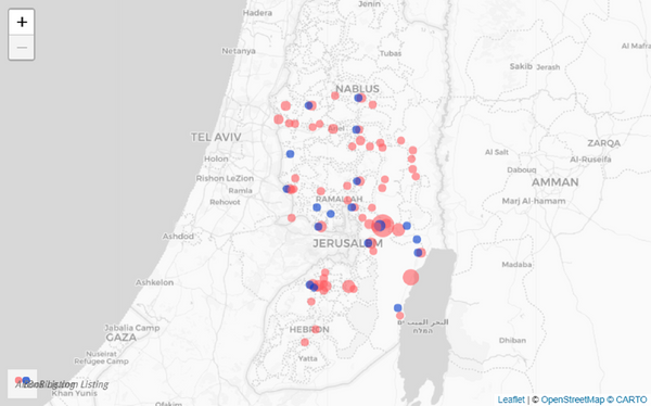 Human Rights Watch map shows former Airbnb rentals in the illegally occupied West Bank with red dots, blue dots to signify current rentals on Booking.com. Human Rights Watch map shows former Airbnb rentals in the illegally occupied West Bank with red dots, blue dots to signify current rentals on Booking.com. - Sputnik International