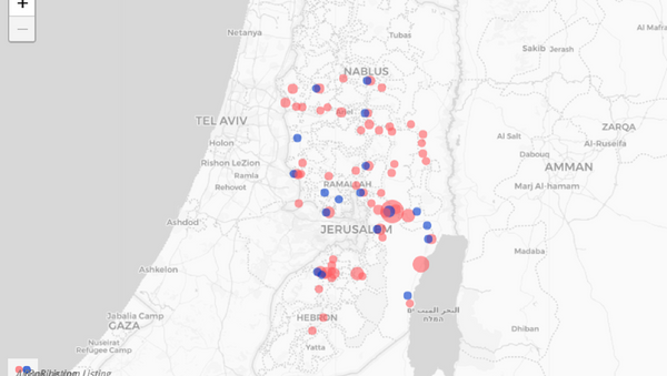 Human Rights Watch map shows former Airbnb rentals in the illegally occupied West Bank with red dots, blue dots to signify current rentals on Booking.com. - Sputnik International