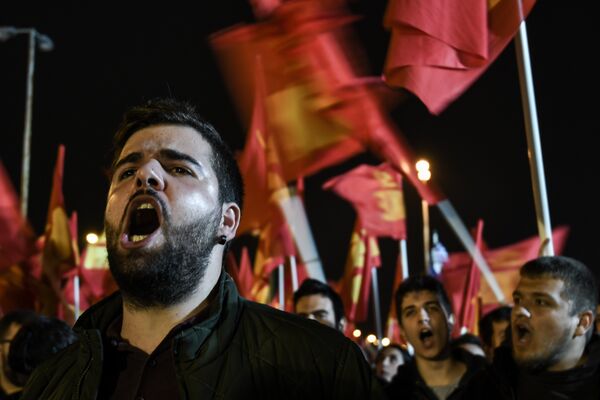 In October 2018 Greek Communist Party (KKE) supporters protest against more US forces being stationed in Greece In October 2018 Greek Communist Party (KKE) supporters protest against more US forces being stationed in Greece - Sputnik International