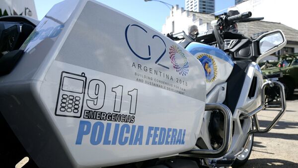 A motorcycle of the Argentine Federal Police with the G20 logo. - Sputnik International