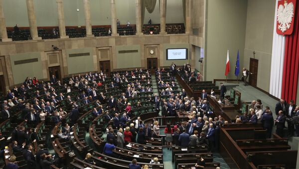 Poland's opposition lawmakers protesting at the plenary hall in parliament building. in Warsaw, Poland, January 11, 2017.  - Sputnik International