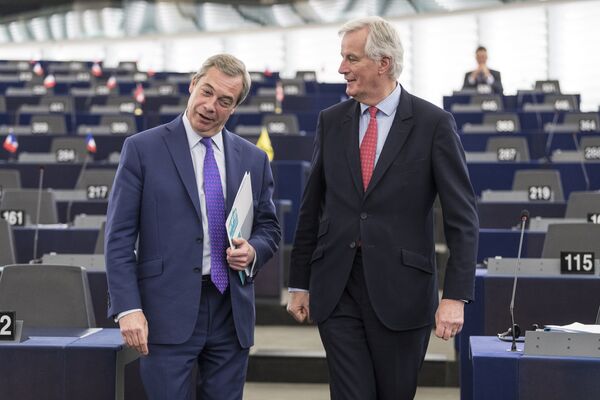 In this Wednesday, April 5, 2017 file photo Britain's former UKIP leader Nigel Farage, left, arrives with European Chief Negotiator of the Task Force for the Preparation and Conduct of the Negotiations with the United Kingdom under Article 50, Michel Barnier, before attending a session in Strasbourg, eastern France. - Sputnik International